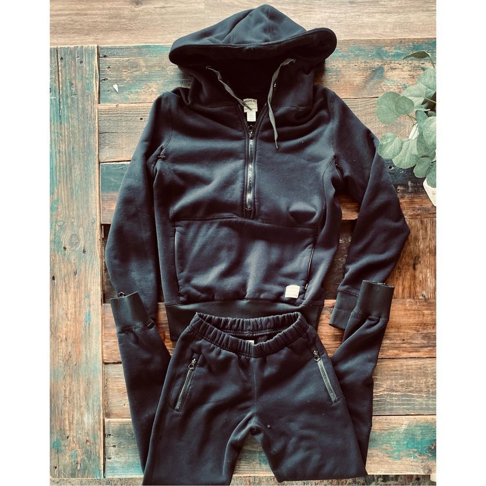 💥ROOTS CANADA Woman’s BLACK HEAVY FLEECE Slim Fit Half Zip Sweatsuit Jogger Set